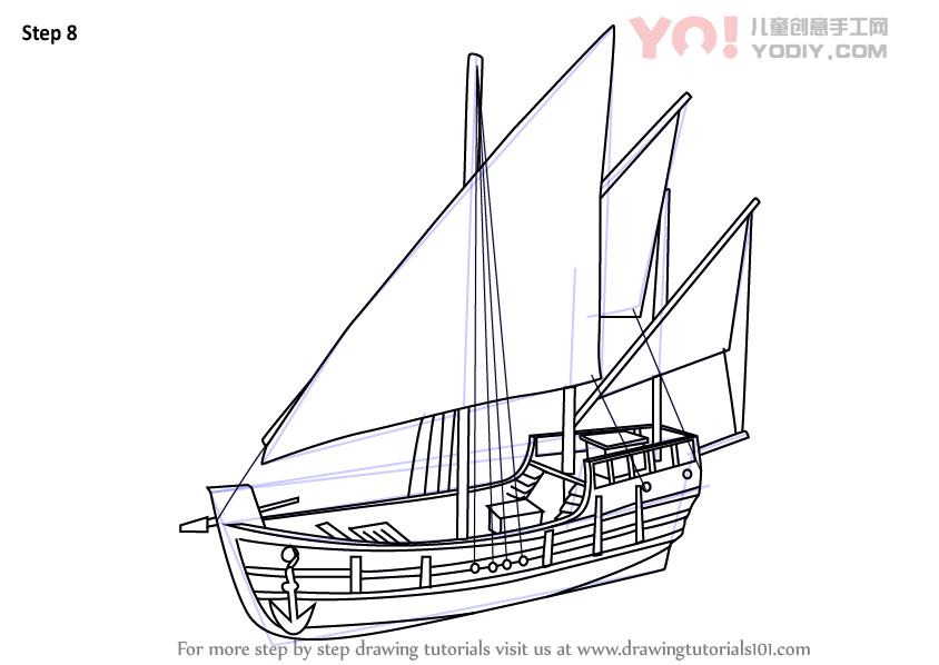 图片[9]-学习如何画尼娜船（船和船）-YO儿童创意手工网