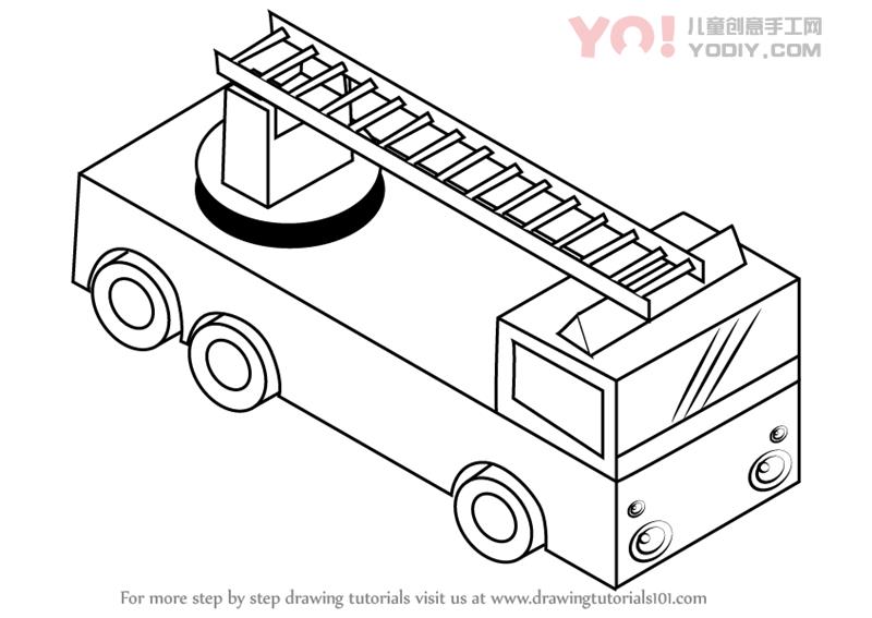 图片[1]-云梯消防车简笔画 卡通汽车简笔画步骤教学儿童-YO儿童创意手工网